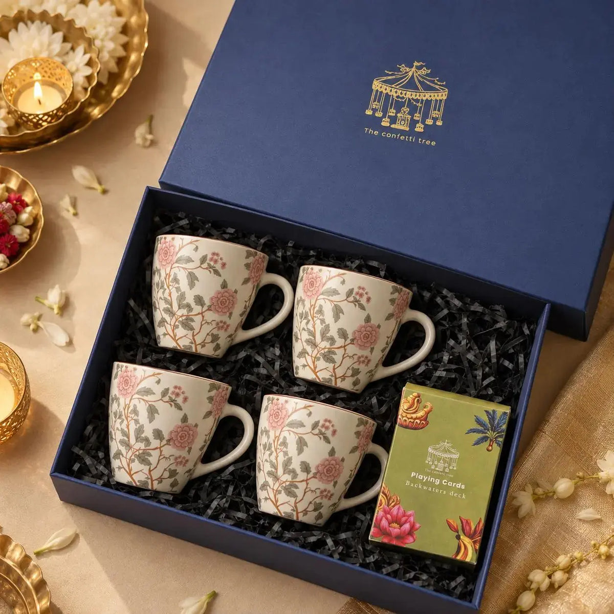 The Peony Reverie Hamper – Diwali Gift Hamper with Set of 4 Floral Ceramic Mugs & Playing Cards The confetti tree