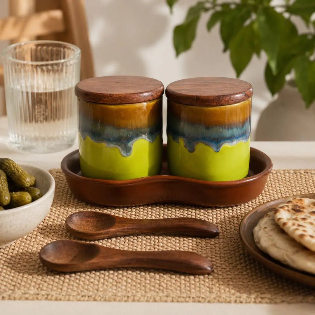 Verdant Grove Stoneware Pickle Jar Set with Wooden Lids & Serving Tray (Set of 2) The confetti tree