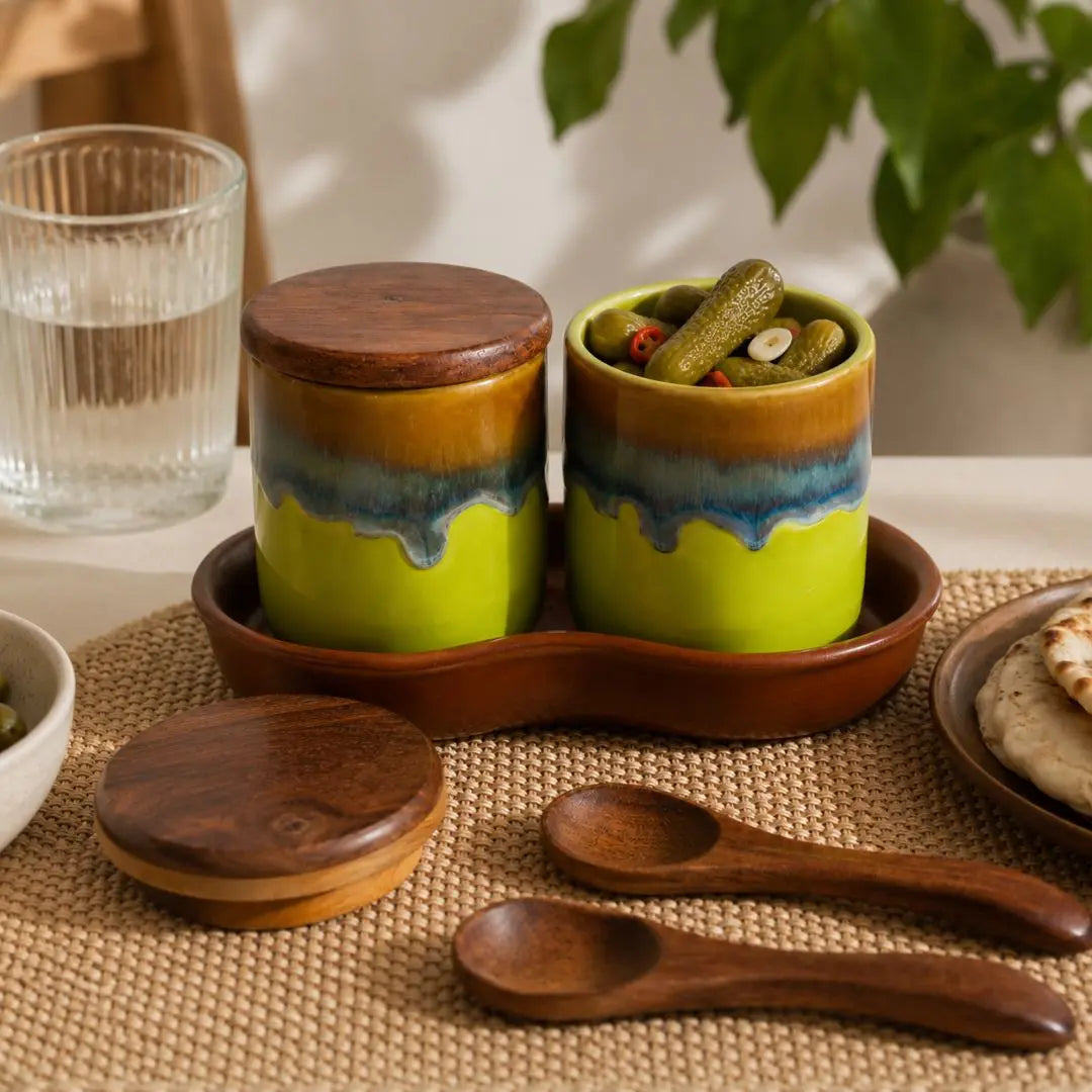 Verdant Grove Stoneware Pickle Jar Set with Wooden Lids & Serving Tray (Set of 2) The confetti tree