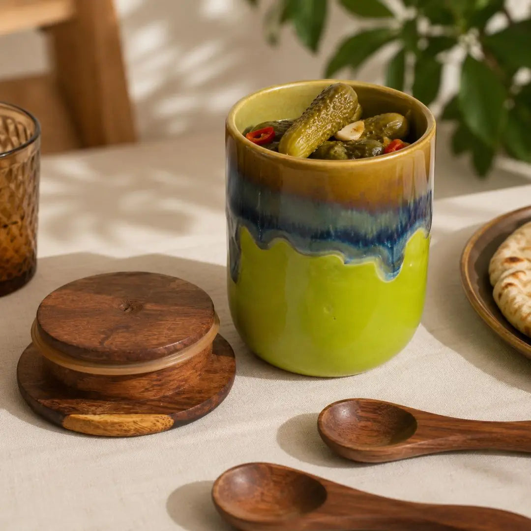 Verdant Grove Stoneware Pickle Jar Set with Wooden Lids & Serving Tray (Set of 2) The confetti tree
