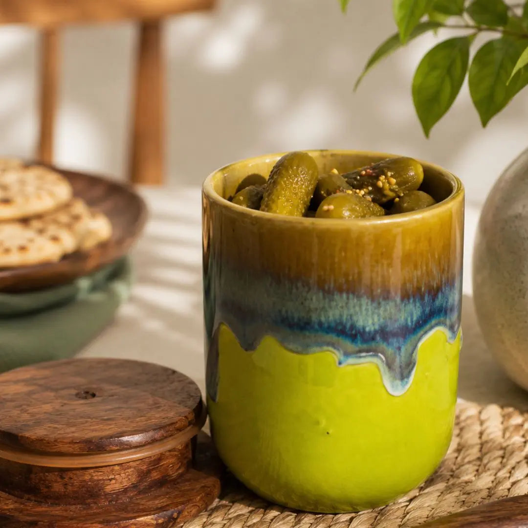 Verdant Grove Stoneware Pickle Jar Set with Wooden Lids & Serving Tray (Set of 2) The confetti tree