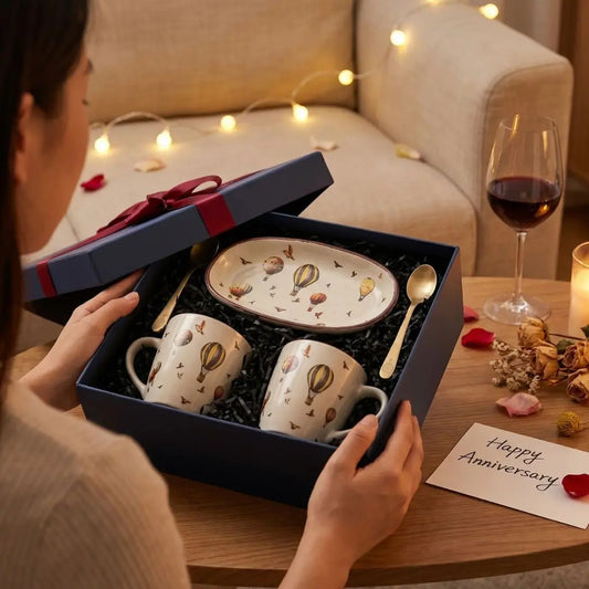 Whimsical Stoneware Gift Set (6-piece) – Oval Platter, Mugs & Brass Spoons | Ideal for Corporate Gifting, Wedding Presents & Personal gifts The confetti tree
