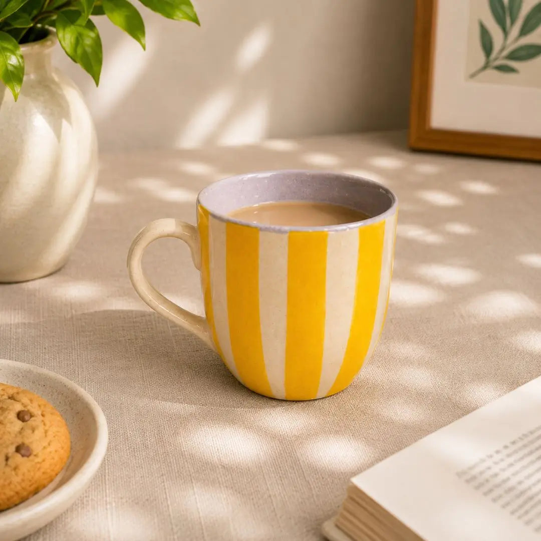 Yellow Striped Stoneware Coffee Mugs Set of 2 | Handcrafted Ceramic Tea & Coffee Cups | Modern Mug Set The confetti tree