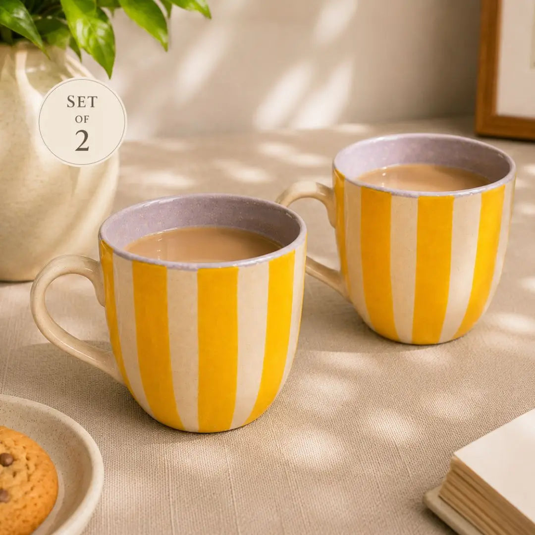 Yellow Striped Stoneware Coffee Mugs Set of 2 | Handcrafted Ceramic Tea & Coffee Cups | Modern Mug Set The confetti tree