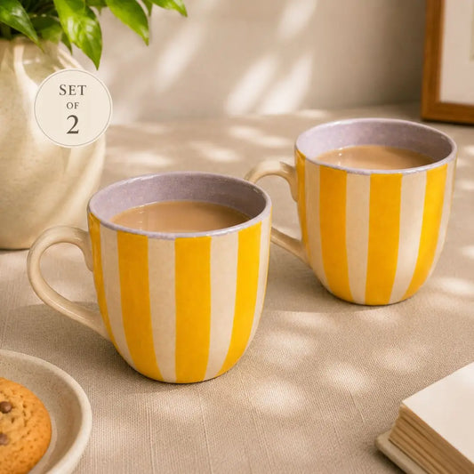 Yellow Striped Stoneware Coffee Mugs Set of 2 | Handcrafted Ceramic Tea & Coffee Cups | Modern Mug Set The confetti tree